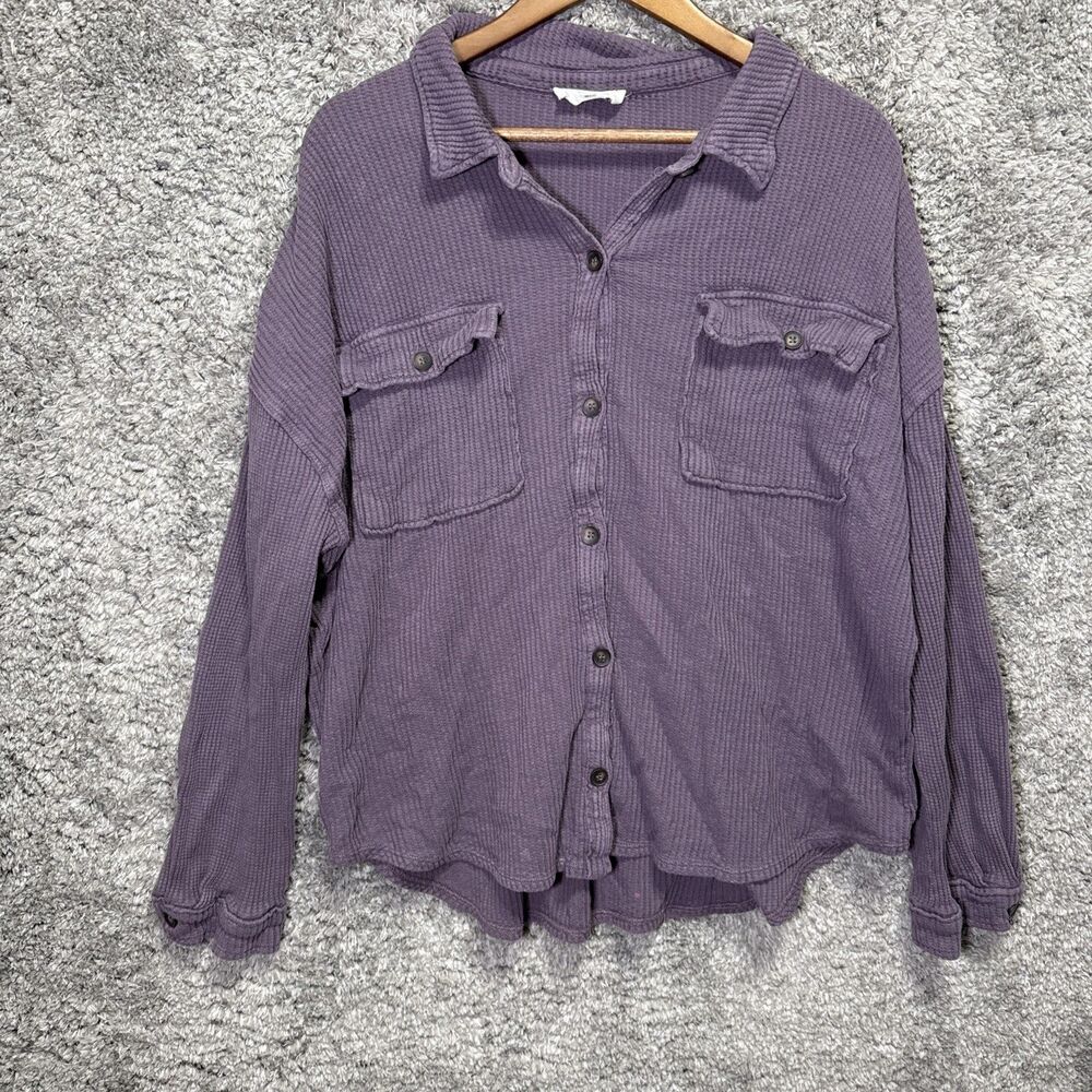 Double Zero Waffle Knit Oversized Slouchy Button Up Shirt Shacket Purple Medium